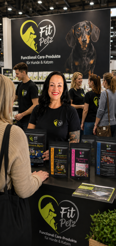 FitPetz Vertriebsteam auf einer Fachmesse mit Nahrungsergänzungsmitteln für Hunde und Katzen aus tierheilpraktischer Sicht.